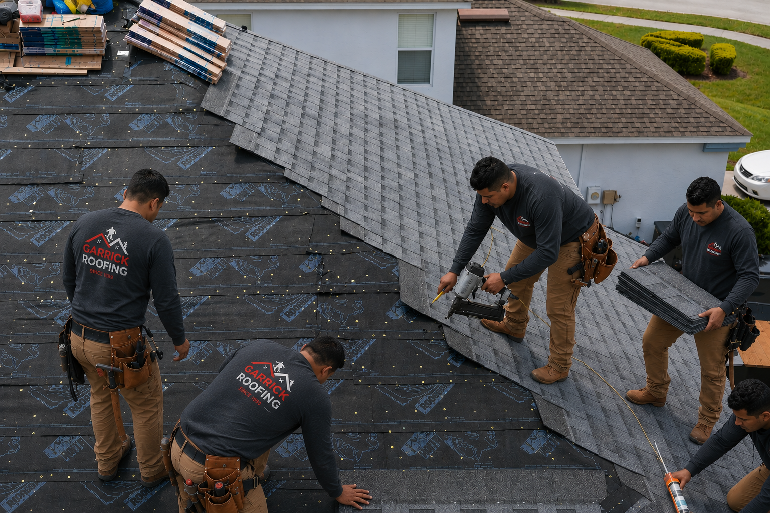 Garrick Roofing crew installing a new shingle roof on a Greater Houston home