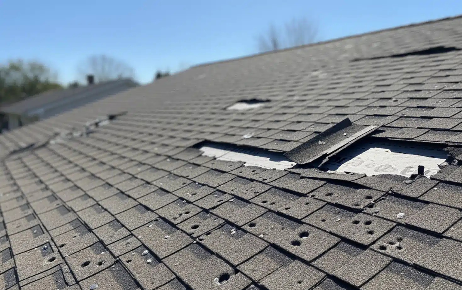 Storm and hail damage on an asphalt shingle roof with missing shingles, lifted tabs, and hail impact marks in the Greater Houston area